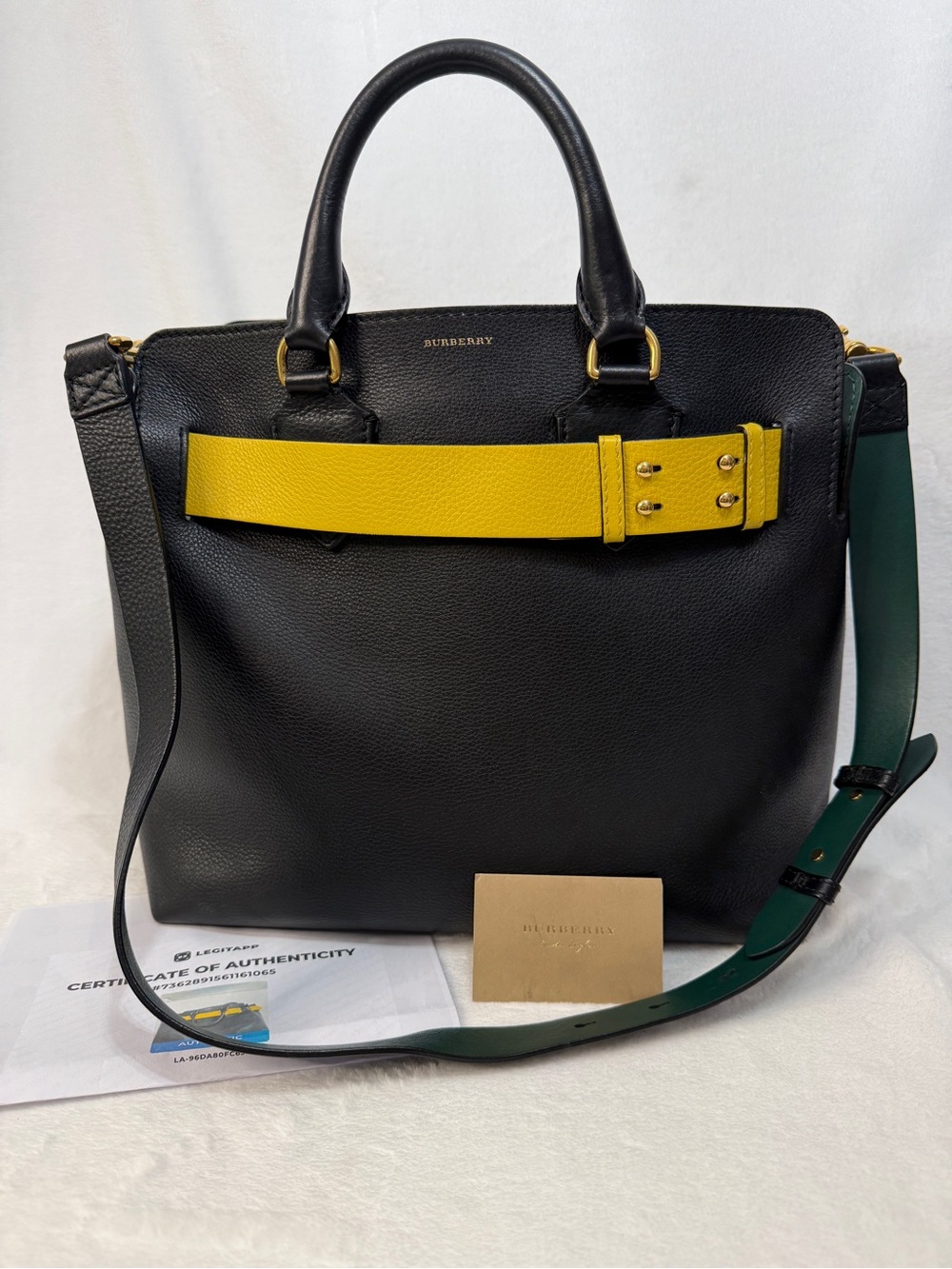 Burberry Black Leather Tote with Yellow Strap and Green Shoulder Strap
